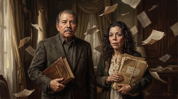 Daniel Ortega y Rosario Murillo de pie con un libro titulado La Gaceta y un legajo de Secretaría Jurídica entre hojas de papel que flotan.