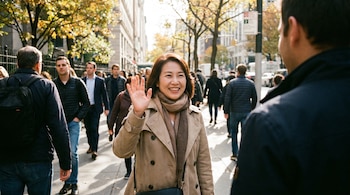 Una mujer sonriente, con abrigo beige y bufanda, levanta una mano para saludar a alguien en una calle concurrida con peatones y árboles de otoño.