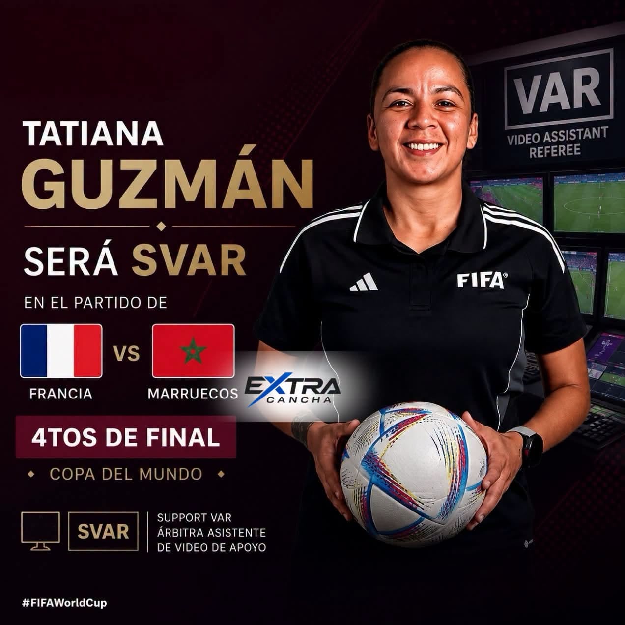 Tatiana Guzmán, árbitra nicaragüense, fue designada como SVAR para el partido de cuartos de final entre Francia y Marruecos en la Copa Mundial de la FIFA 2026 (Cortesía: Extra Cancha).