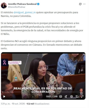 La congresista Jennifer Pedraza también cuestionó al ministro de Hacienda Miguel Gómez Martínez, durante la discusión del Presupuesto General de la Nación 2027 - crédito @JenniferPedraz/X