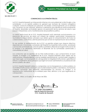 Comunicado oficial del Hospital de Nazareth en el que rechaza cualquier uso de su imagen institucional para actividades políticas. - crédito Hospital de Nazareth
