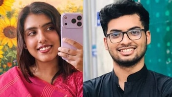 Fotografía dividida mostrando a una joven sonriente a la izquierda con un teléfono y a un joven con gafas y barba sonriente a la derecha