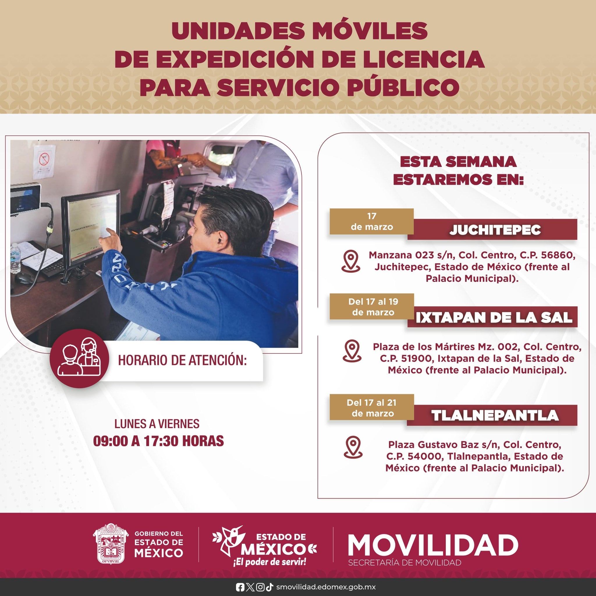 Todas estas ubicaciones ofrecerán atención de lunes a viernes entre las 9:00 y las 17:30 horas (X@SEMOV_Edomex)