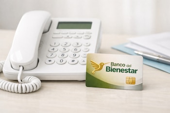 Un teléfono fijo blanco, una tarjeta del Banco del Bienestar con chip, un logo de colibrí dorado y letras verdes, papeles y un bolígrafo sobre un escritorio.