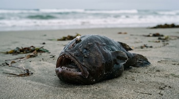 Pez oscuro y redondeado con la boca abierta y un apéndice en la cabeza sobre la arena de una playa frente al mar.