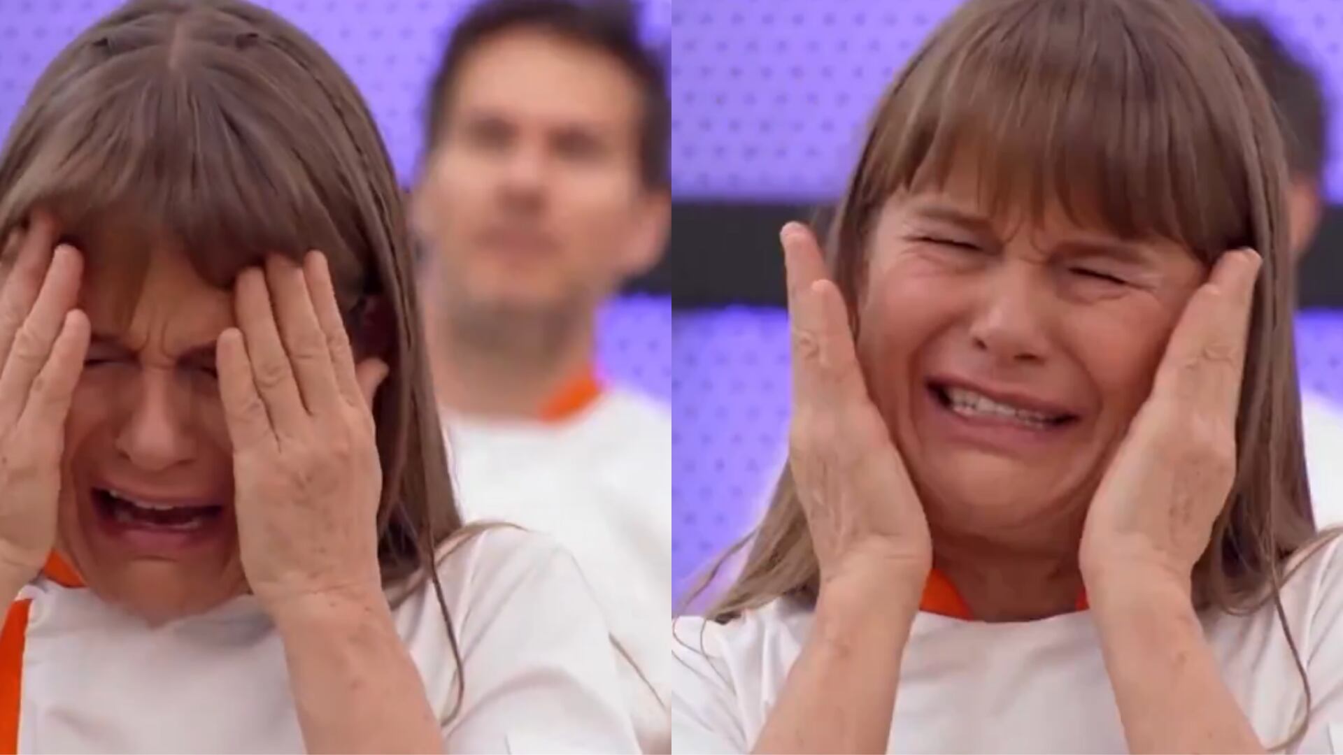 La actriz mexicana Nailea Norvind rompe en llanto durante un reto culinario del programa de televisión Top Chef VIP al recibir un cuy entero como ingrediente. (Infobae Perú/Top Chef Vip)