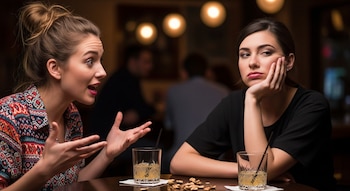 Dos mujeres en un bar. Una habla con la boca abierta y las manos levantadas; la otra apoya la cabeza en la mano con la mirada de lado. Dos vasos con bebida en la mesa.