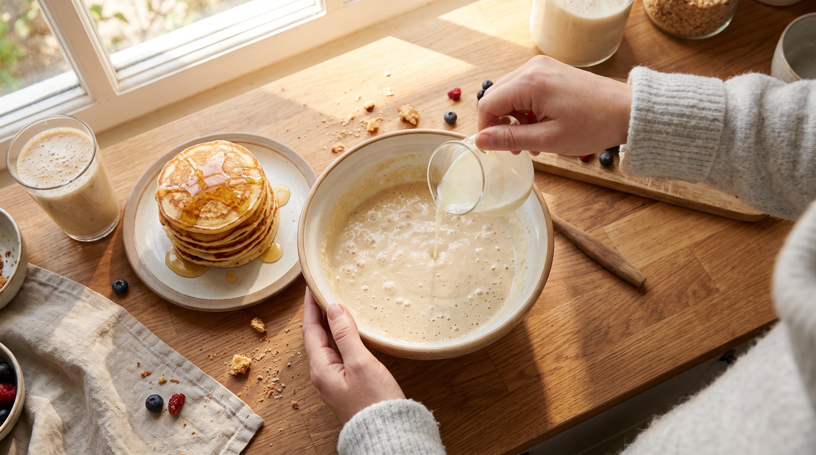 Una persona vierte suero de kéfir en un cuenco con masa para elaborar panqueques junto a una torre de tortitas y un vaso de batido. (Imagen Ilustrativa Infobae)