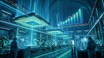 Fábrica futurista de chips con iluminación azul y verde. Se ven procesadores flotantes, brazos robóticos, ingenieros y pantallas holográficas con datos financieros.