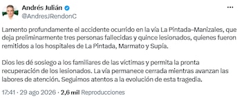 Gobernador de Antioquia lamenta tragedia vial en la ruta La Pintada–Manizales - crédito @AndresJRendonC/X
