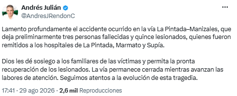 Gobernador de Antioquia lamenta tragedia vial en la ruta La Pintada–Manizales - crédito @AndresJRendonC/X