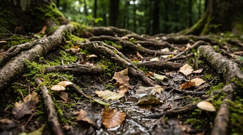 Raíces de árboles entrelazadas, musgo verde, hojas secas, tierra húmeda, charcos de agua y pequeños hongos en el suelo de un bosque.