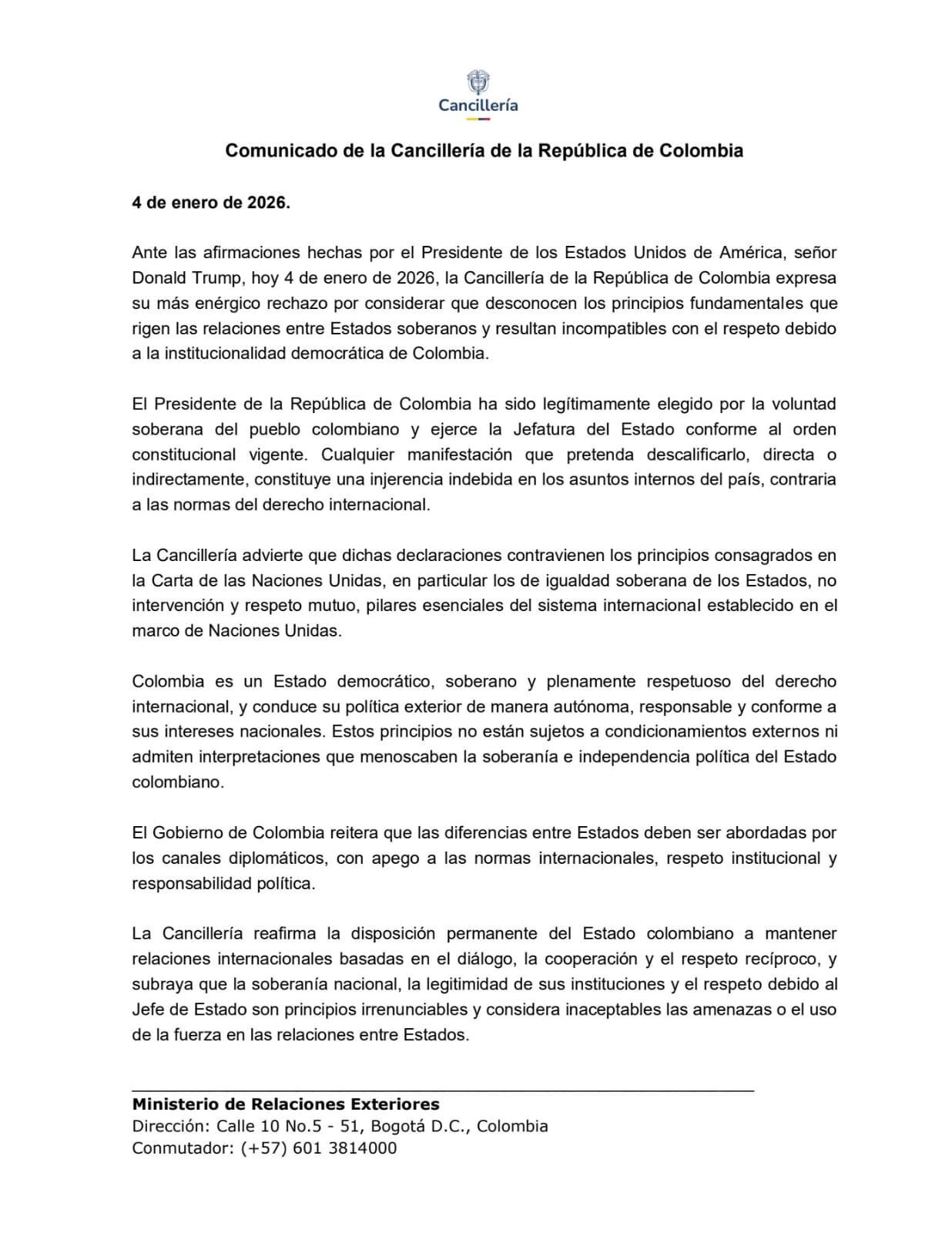 La Cancillería rechazó las declaraciones externas y reafirmó los principios de soberanía, respeto institucional y derecho internacional. - crédito Cancillería