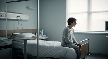 Una persona con ropa de hospital está sentada en una cama de hospital individual, mirando hacia una gran ventana en una habitación clara y minimalista.