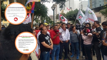 Movilizaciones en exteriores del JNE en Jesús María durante revisión de actas del proceso electoral del 12 de abril. (Composición: Infobae)