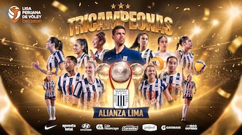 Afiche de las tricampeonas de vóley de Alianza Lima. Jugadoras y director técnico posan con trofeos, confeti dorado y el texto "TRICAMPEONAS".