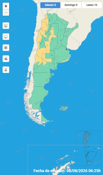 Mapa de Argentina con zonas verdes y amarillas, iconos de lluvia, nieve, viento y tormenta, fecha de emisión y controles de navegación y zoom