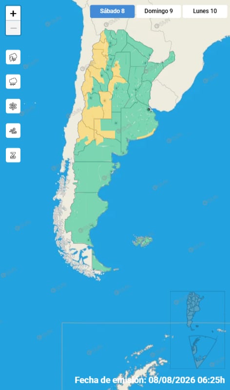 La zona cordillerana atravesada por los fuertes vientos junto a un secto del centro del país (Servicio Meteorológico Nacional)