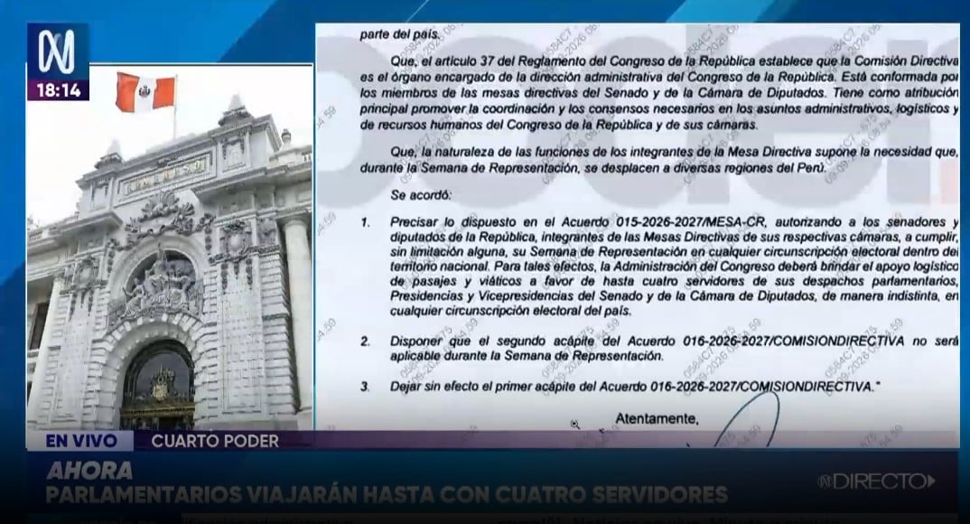 Congreso permitirá a sus directivos viajar con cuatro asesores pagados por el Estado. Captura: Cuarto Poder.