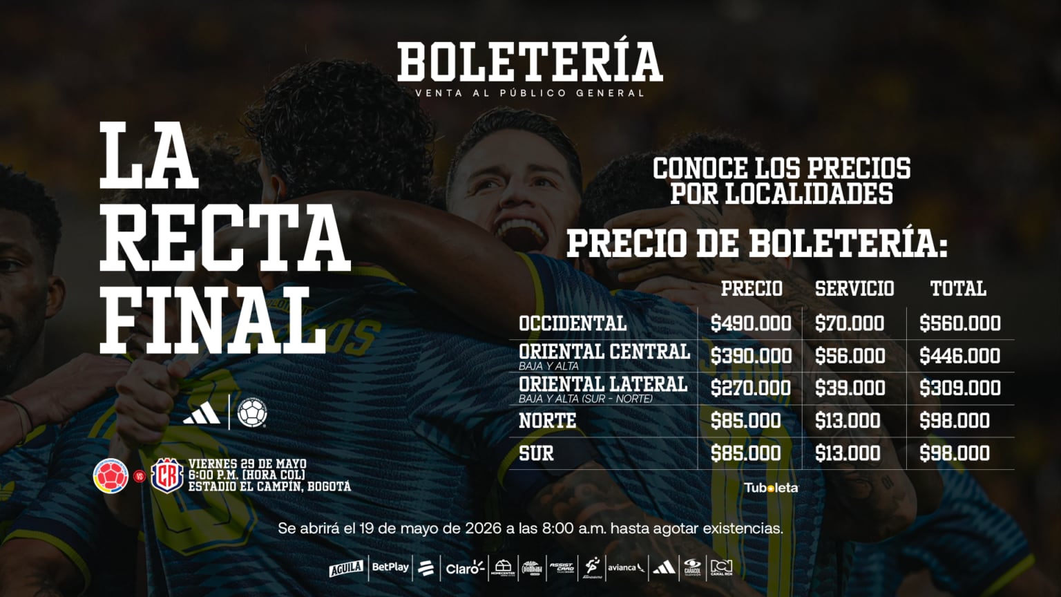 Tabla de precios para el partido de la selección Colombia vs. Costa Rica en Bogotá - crédito FCF