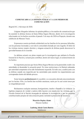 La firma Litigium Abogados tomó la representación legal de Segura en el proceso y expresó "profunda solidaridad con las familias de las personas fallecidas - crédito Litigium Abogados