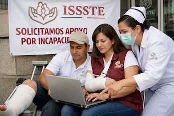 Una enfermera asiste a un hombre con yeso en la pierna y una mujer con yeso en el brazo, quienes usan una laptop frente a una pancarta de ISSSTE.