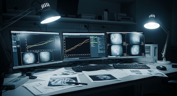 Tres monitores muestran gráficos de datos y cabezas de leones en visión nocturna, con papeles impresos y equipos de laboratorio sobre un escritorio.