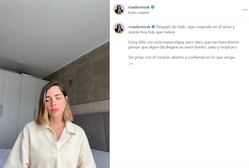 Una mujer de cabello rubio con los ojos cerrados, usando una sudadera clara, aparece junto a una publicación de Instagram que muestra un texto y un nombre de usuario verificado