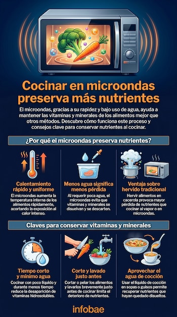 Infografía en tonos azules sobre el microondas, mostrando un horno con brócoli y zanahoria. Incluye símbolos de nutrientes, texto y varios iconos con consejos de cocción.