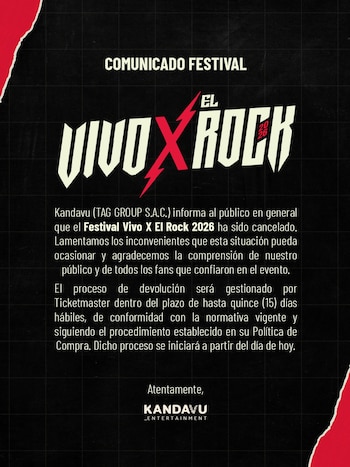 Un comunicado oficial en pantalla negra con texto blanco que anuncia la cancelación del festival El Vivo X Rock 2026 y el proceso de devolución de entradas