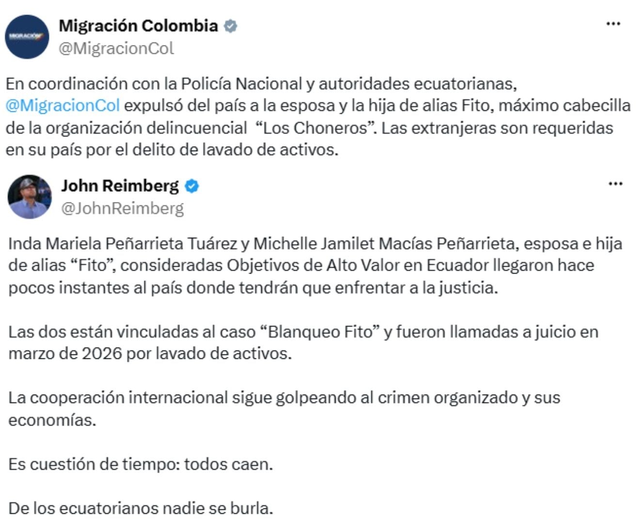 Migración Colombia y John Reimberg informaron sobre el traslado y la llegada a Ecuador de la esposa e hija de alias ‘Fito’, requeridas por la justicia de ese país. - crédito X