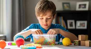 Niño en camiseta azul manipulando cuentas de agua coloridas en un recipiente. Juguetes sensoriales y bloques de madera están sobre la mesa, con luz natural.