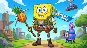 Ilustración de Bob Esponja en atuendo militar, sosteniendo un pico de piña, con un llama de Fortnite, el Autobús de Batalla y un cartel de Victoria Royale.