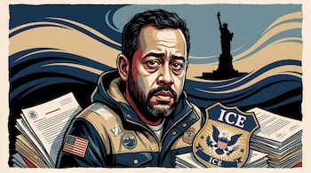 Retrato de busto de hombre con barba, chaqueta con parches, bandera de Estados Unidos, logo de ICE, documentos apilados y la silueta de la Estatua de la Libertad.