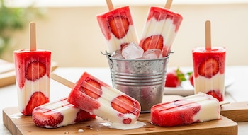 Varias paletas de fresa y crema en un primer plano, algunas en un balde con hielo y otras sobre tablas de madera, mostrando fresas en rodajas y derretimiento.