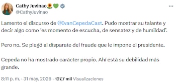 Cathy Juvinao cuestionó a Iván Cepeda por seguir discurso del fraude y falta de autonomía - crédito @CathyJuvinao/X