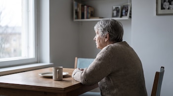 Mujer de cabello canoso sentada de perfil en una mesa de madera con una taza y un plato vacío, mirando por una ventana; estantería con libros y fotos.