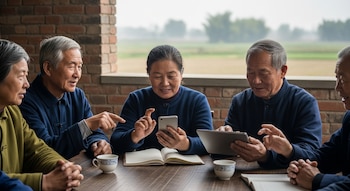 Grupo de adultos mayores asiáticos sentados alrededor de una mesa de madera en un entorno rural chino, una mujer usa un smartphone y un hombre una tablet.