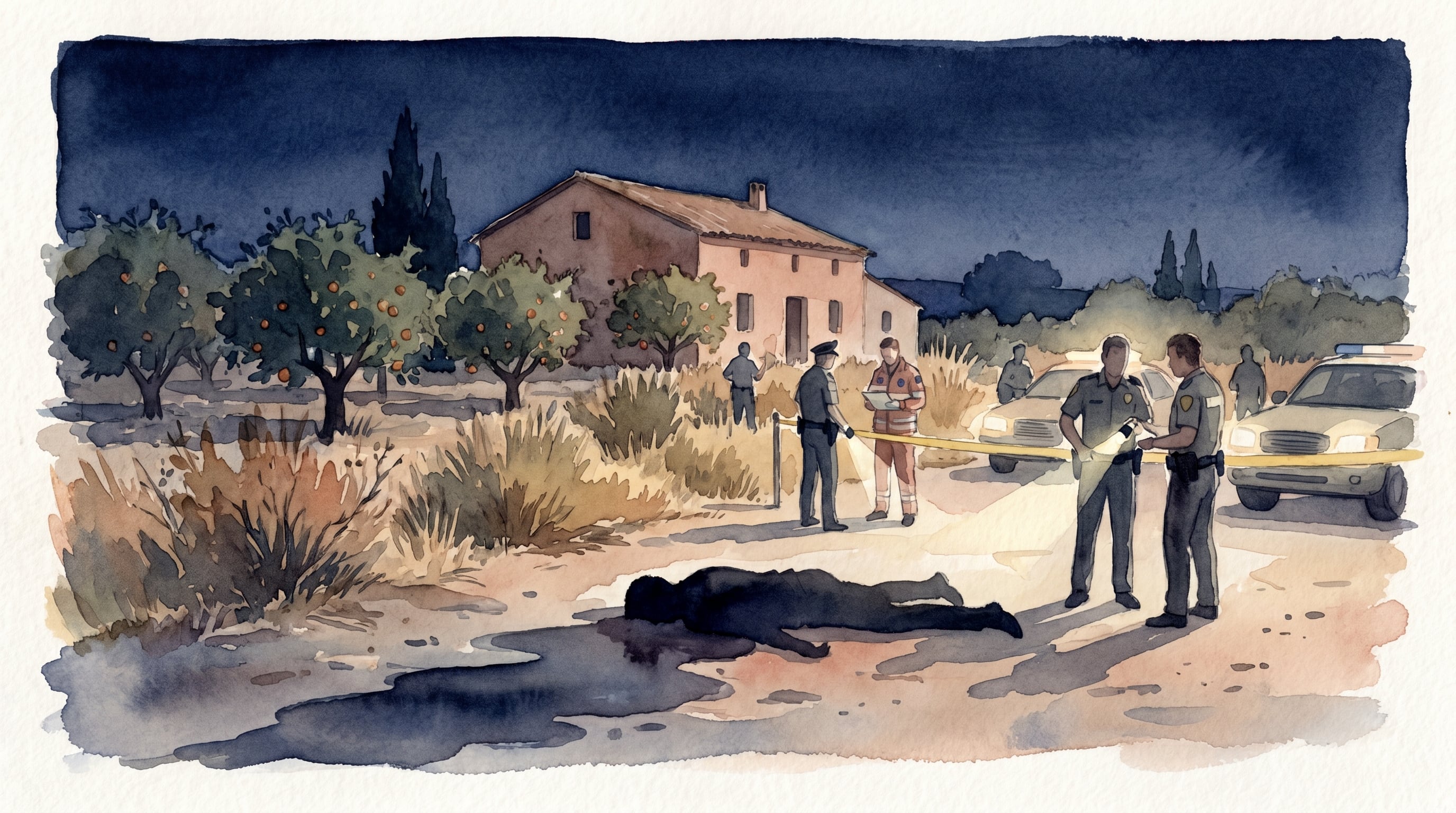 La ilustración en acuarela muestra una escena nocturna de investigación criminal en una zona rural de Paso Tempisque, Guanacaste, con agentes y paramédicos junto a una persona en el suelo. (Imagen Ilustrativa Infobae)