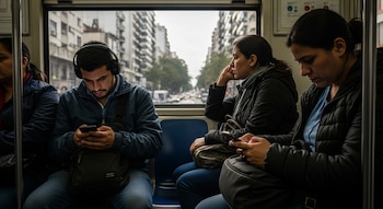 Cuatro personas viajan en un vehículo de transporte público. Un hombre con auriculares mira su celular; una mujer observa por la ventana; dos mujeres más usan sus teléfonos.