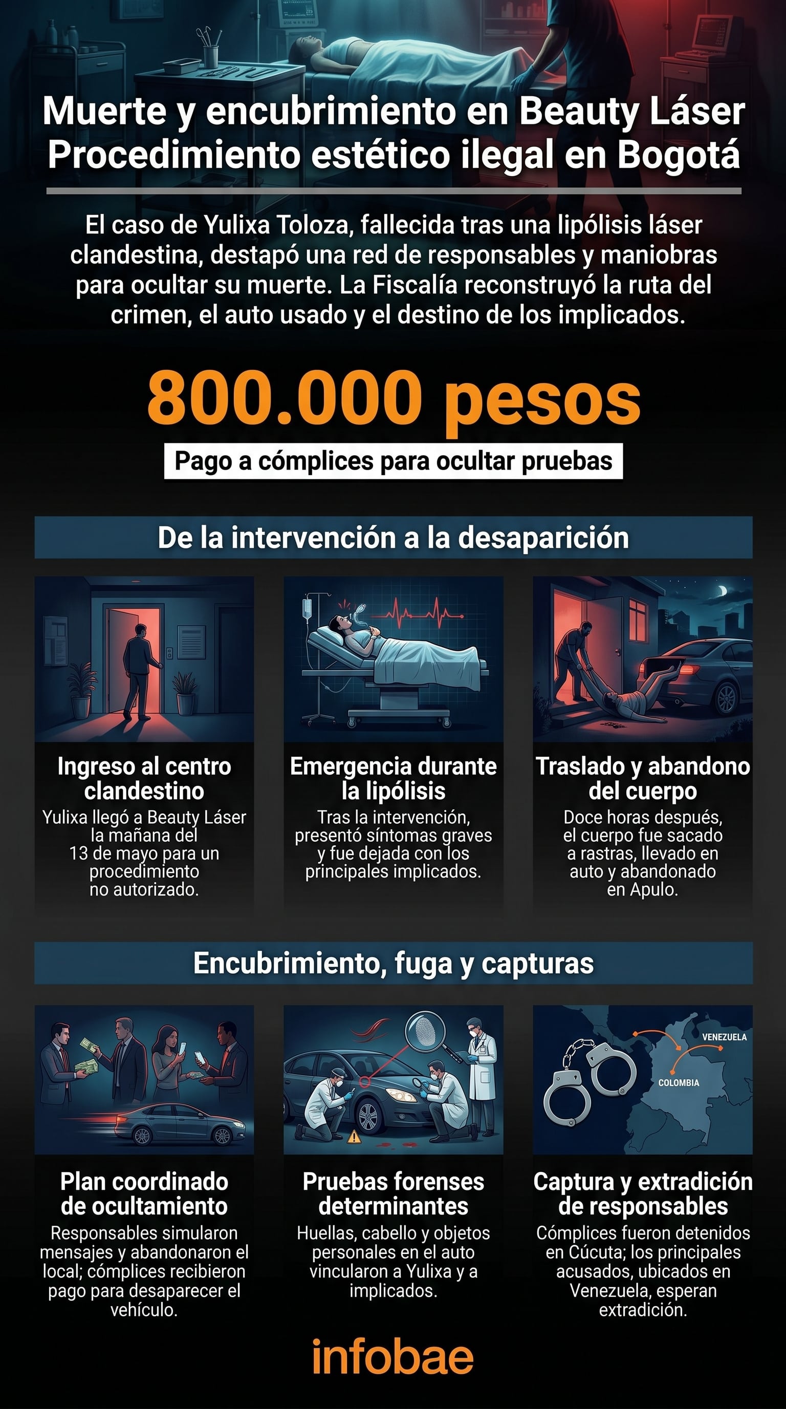 La Fiscalía reconstruyó el caso de Yulixa Toloza, fallecida tras un procedimiento estético ilegal, detallando el encubrimiento y la captura de implicados. (Imagen Ilustrativa Infobae)