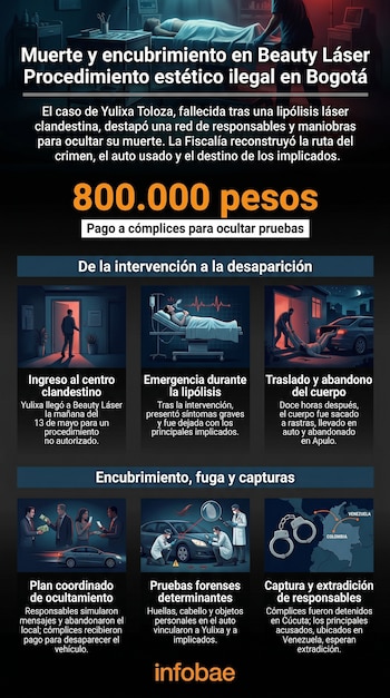 Infografía que ilustra cronológicamente el caso de Yulixa Toloza, mostrando su ingreso a una clínica estética, la emergencia, el traslado del cuerpo, el plan de encubrimiento y las detenciones.
