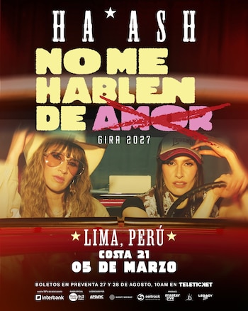 Afiche promocional de las integrantes de Ha*Ash dentro de un automóvil rojo con texto informativo sobre su gira en Lima