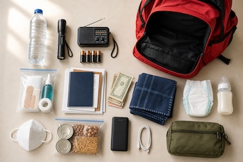 Mochila roja abierta junto a una botella de agua, linterna, radio, pilas, botiquín, documentos, dinero, manta, alimentos, mascarilla y biberón.