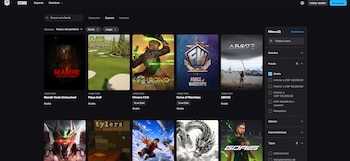 Interfaz de la Epic Games Store mostrando carátulas de juegos como Mandir Gods Untouched, Playa Golf y Chrono, con filtros de precio y opciones de descarga