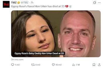 Captura de pantalla de una publicación en la red social X de TMZ con las imágenes de Gypsy Rose Blanchard y Ken Urker