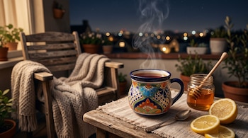 Una taza de cerámica pintada con té, un tarro de miel con palito, rodajas de limón, una silla con manta y plantas en una terraza nocturna.