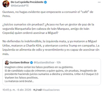 Cuenta de seguidores de Abelardo de la Espriella acusó a la izquierda de ordenar asesinatos y respondió a críticas de Gustavo Bolívar - crédito @AbelardoPTE/X