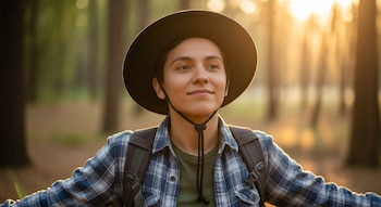 Primer plano de una persona joven con un sombrero oscuro, camisa a cuadros y mochila, mirando hacia arriba en un bosque iluminado por el sol poniente.