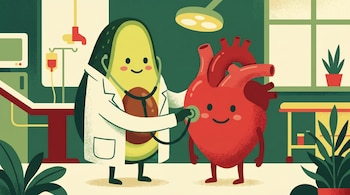 Ilustración de un aguacate antropomórfico vestido de médico, examinando un corazón rojo humanizado con un estetoscopio en un consultorio.